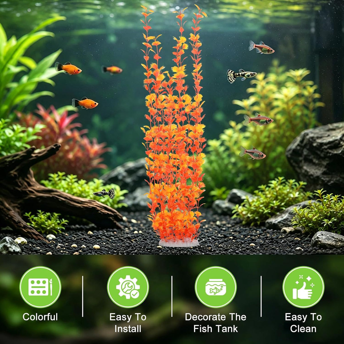 M METERXITY 2-Pack Tall Aquarium Plants, 23 Inch Plastic Large Artificial Fish Tank Plants for Aquarium Decor/Fish Tank Decorations Accessories [Style 2+3, Orange]