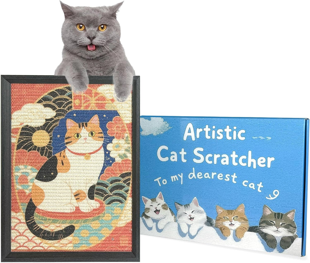 Decorative Wall Art Cat Scratcher for Indoor Cats, Wall Mounted Sisal Cat Scratching Board with Solid Wood Frame, Furniture Protector, Easy No-Drill Install, 17 x 13 in