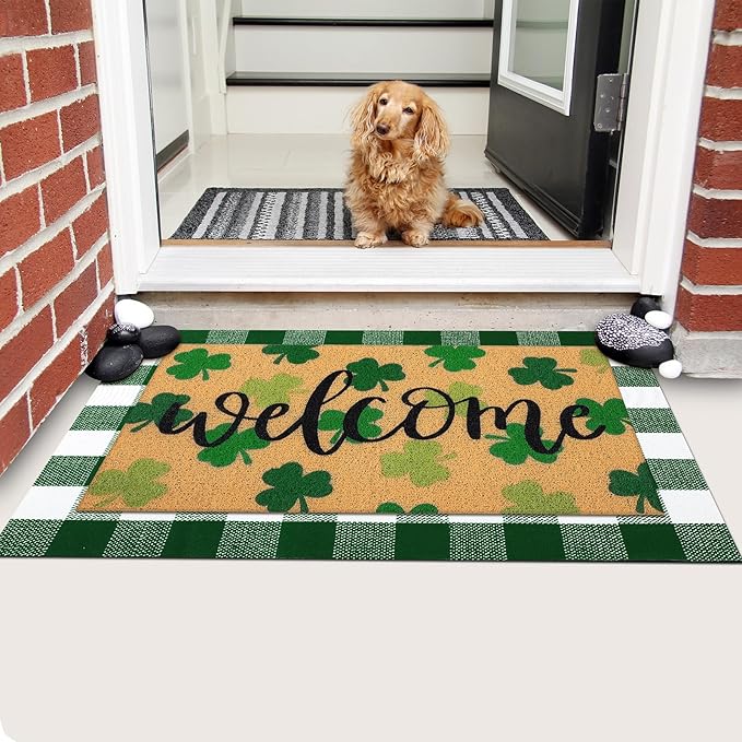 Tinideya 2 Pcs St. Patrick Day Door Mat Welcome Non Slip Coir Mats Clover - Image 4