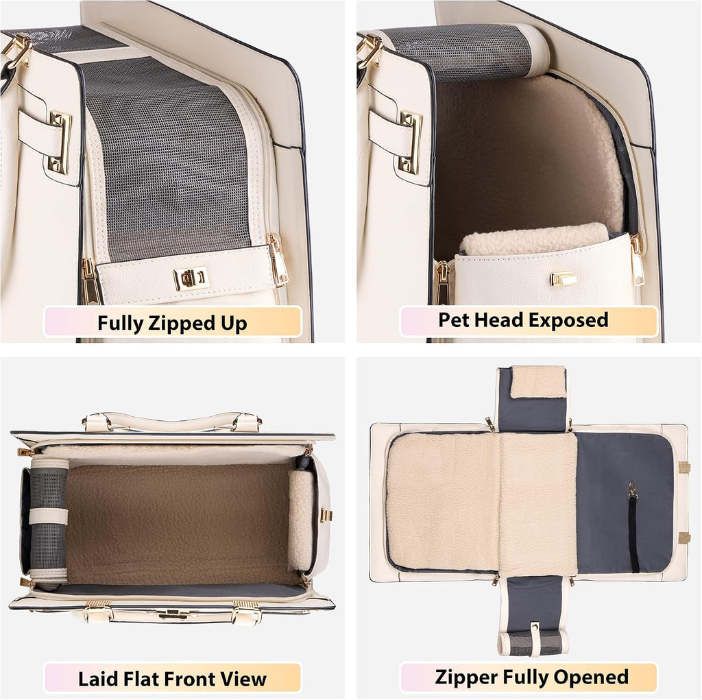 Dog Purse Carrier for Small Dogs, Stylish Foldable Pet Carrier Purse Tote Bag with Washable Cushion & Safety Leash, Airline Approved Puppy Travel Bag with Pockets (White)