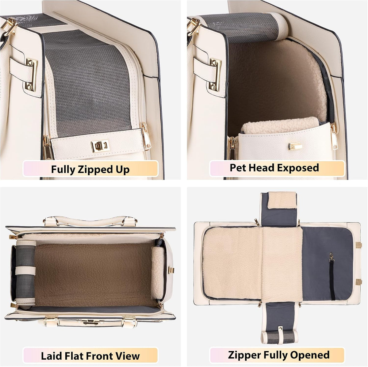 Dog Purse Carrier for Small Dogs, Stylish Foldable Pet Carrier Purse Tote Bag with Washable Cushion & Safety Leash, Airline Approved Puppy Travel Bag with Pockets (White)