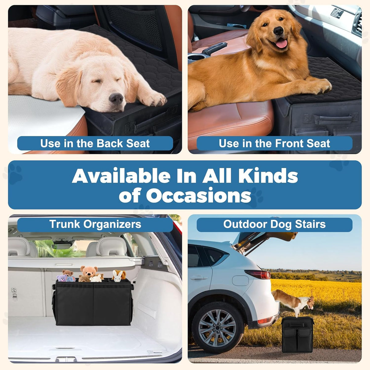 Back Front Seat Extender for Large Dogs Up to 200 Lbs, Adjustable Dog Back Seat Extender with Cushion & Storage Box, Car Organizer Gap Filler for Front or Back Seat
