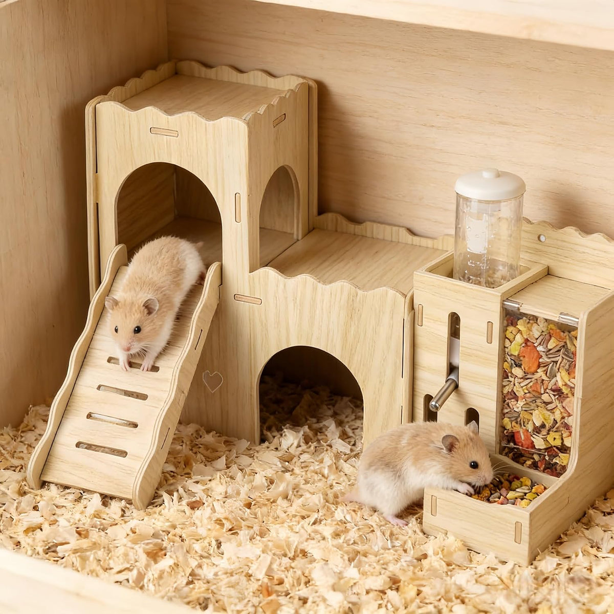 Hamster Hideout House, Multi-Chamber Hamster Castle with Water Bottle, Large Wooden Mouse Playground with Climbing Ladder, Habitat for Syrian Dwarf Gerbils Mice and Small Pets