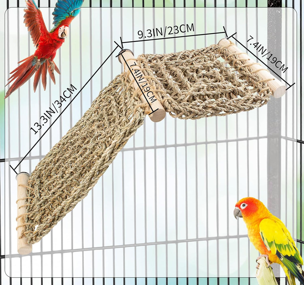 FlidRunest Bird Perch Platform with Climbing Ladder, Parrot Chewable Natural Seagrass Woven Hammock, Parakeet Cage Accessories Playing Gyms Exercise Sturdy for Cockatiels, Lovebirds, Budgies