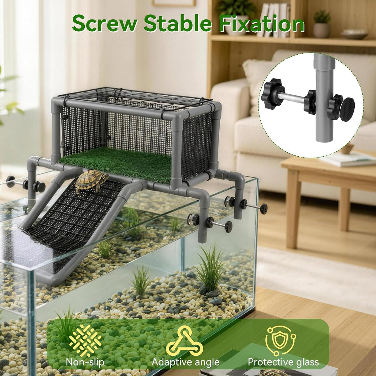 Large Turtle Topper Basking Platform Above Tank - PVC Turtle Dock with Ramp for Glass Turtle Tank Turnover Box Tank Adjustable 13.2 to 16.1 Inches Resting Area