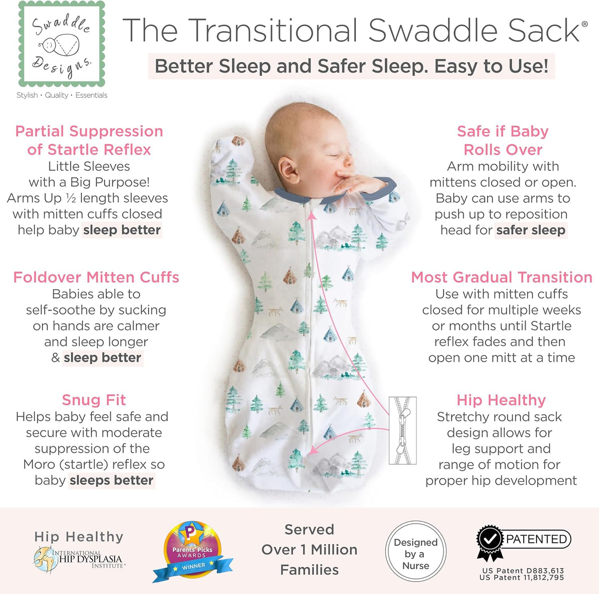 SwaddleDesigns Transitional Swaddle Sack, Cotton, Mountains & Trees, 0-3mo