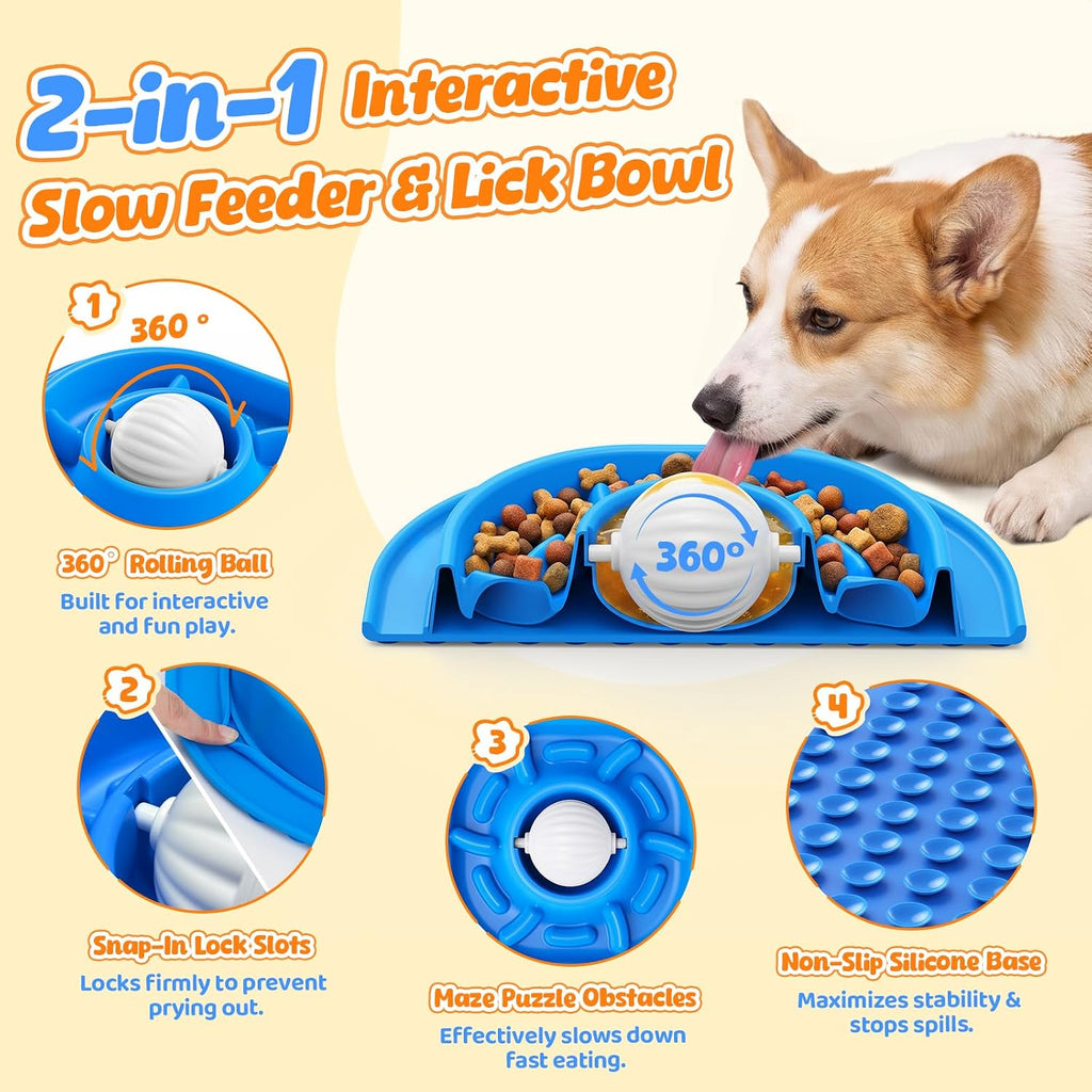 Slow Feeder Dog Licking Bowl with Rolling Ball, Lick Toy, Anti Boredom Toys