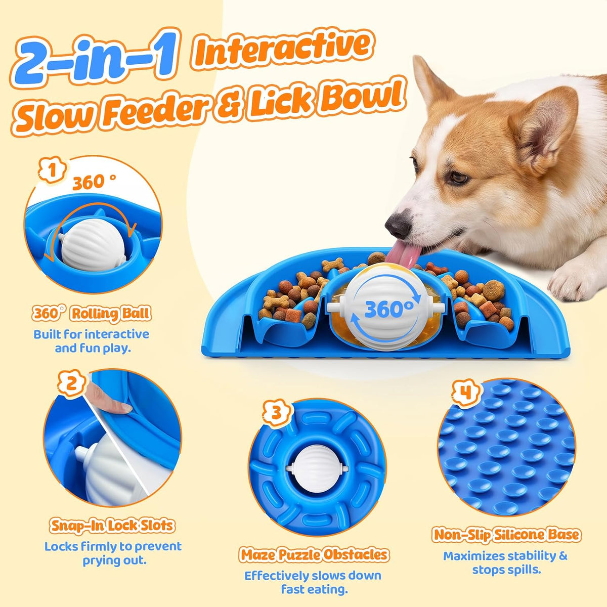 Slow Feeder Dog Licking Bowl with Rolling Ball, Lick Toy, Anti Boredom Toys