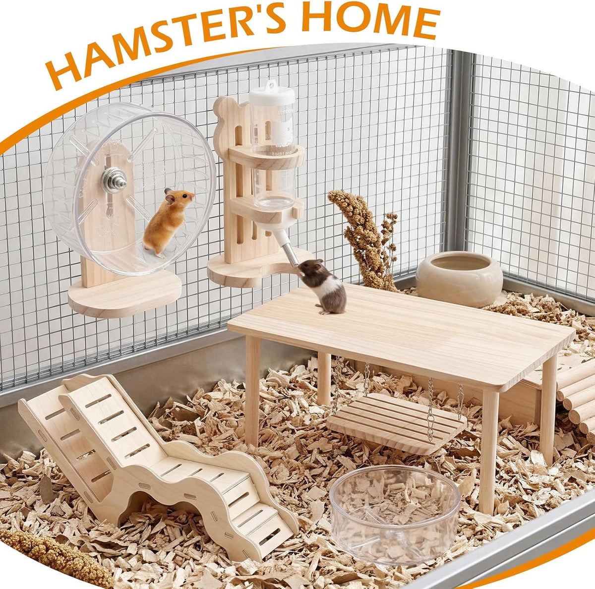 Hamster Play Wooden Platform， 4-piece Hamster cage Accessory Toy Set