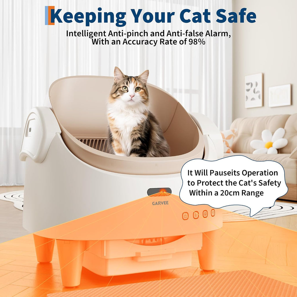 Garvee Self Cleaning Cat Litter Box, Open-Top Automatic Cat Litter Box with APP Control Upgraded Safety Protection, 360° Safety Sensors, Advanced Odor Leak Control, Includes 1 Roll Waste Bag