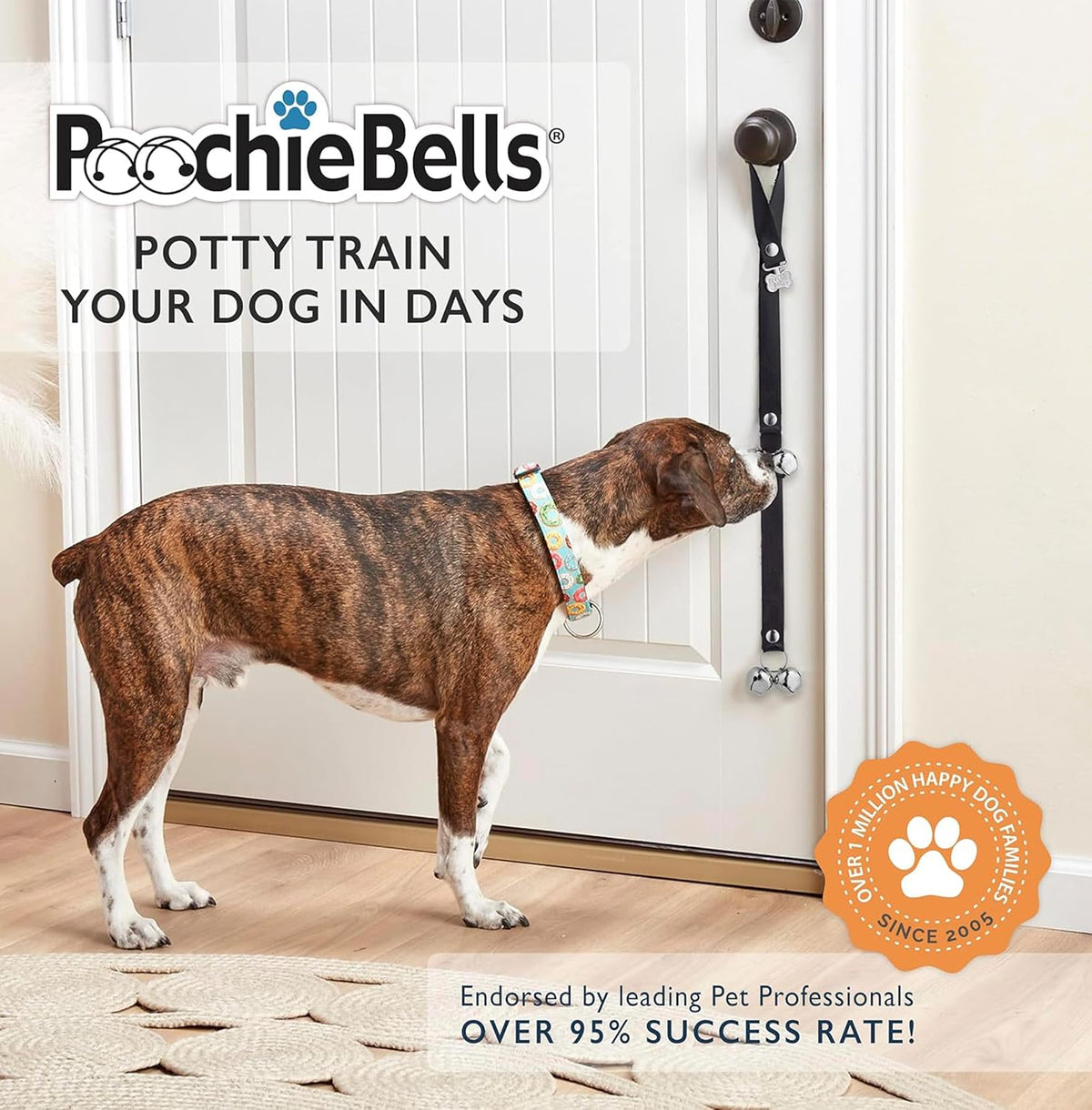 PoochieBells Dog Doorbell, Dog Potty Training Bells, Dog Safe USA-Made w/Perfect Sound,Dog Trainer Approved, Housetraining Made Easy & Quick, Sig Tracks Beige