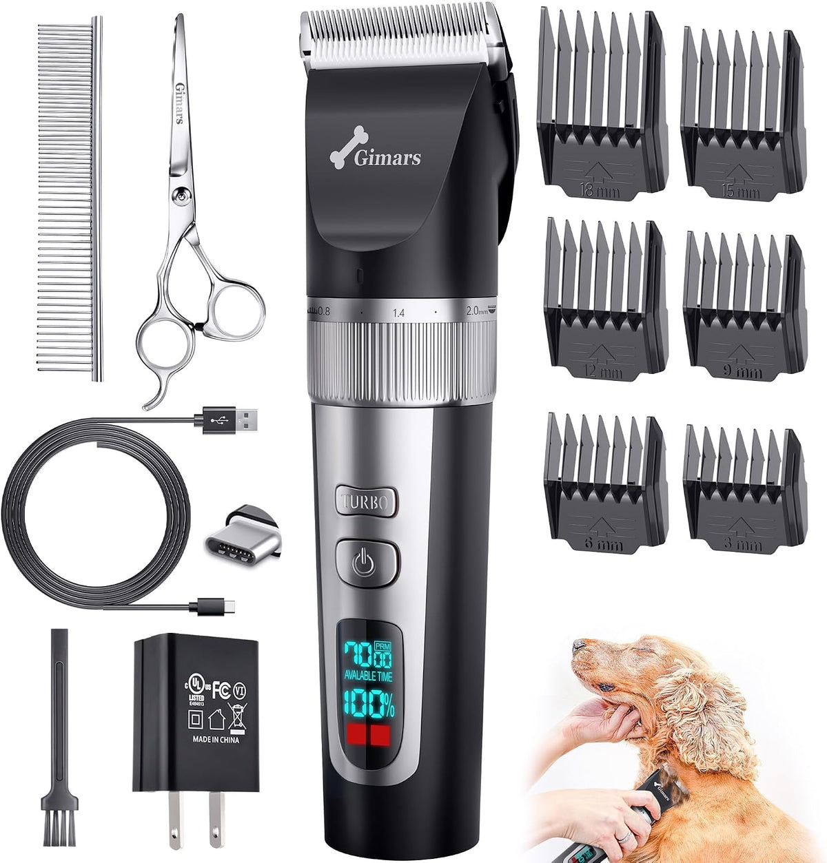 Gimars Cordless 4 Speed 7000rpm Dog Clippers with 6 in 1 4CR Stainless Steel Dog Grooming Scissors Kits, Low Noise 55db Rechargeable Pet Hair Thick Coat Trimmer Cat Shaver Clippers Kit for Cat Pet