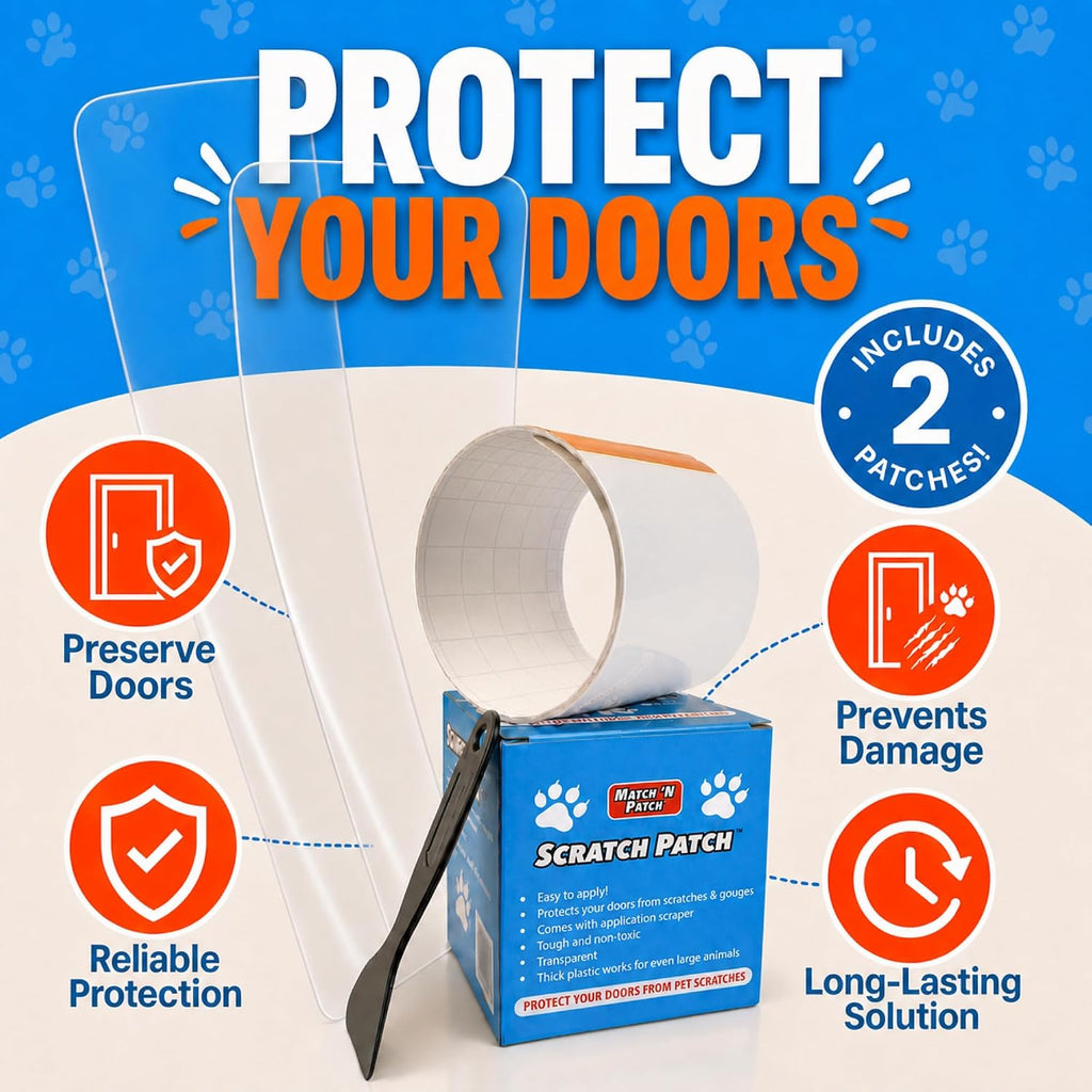 MATCH 'N PATCH Door Scratch Protector - Clear, Self-Adhesive Plastic Door Guard for Dogs & Cats - Pet Wall Protector with Application Scraper (34.5 x 4 Inches, 2 Patches)