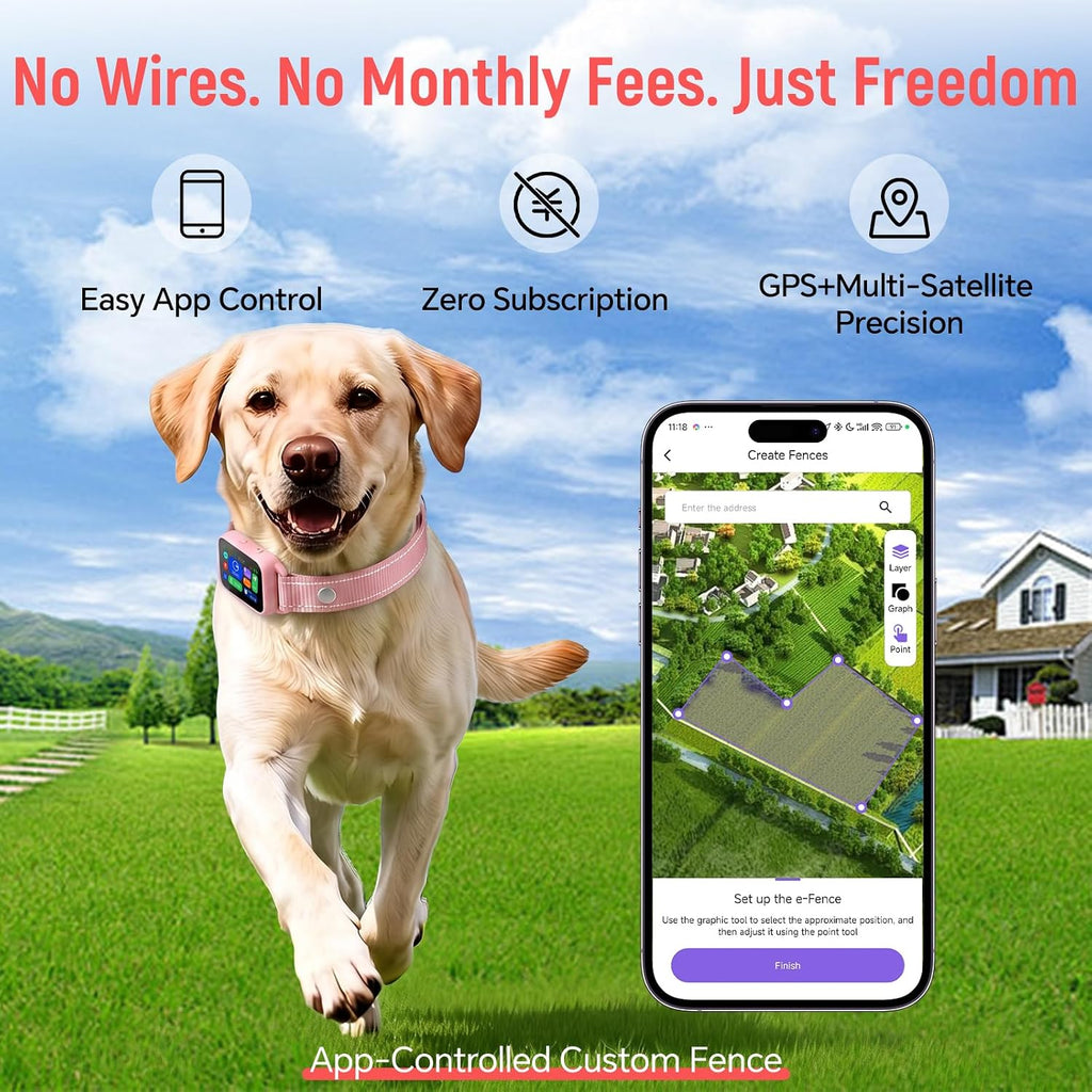 GPS Wireless Dog Fence with Remote Training Collar, Free App Control, Custom Polygon Boundary, No Monthly Subscription, Virtual Fence for Dogs 10-120 lbs, Pink