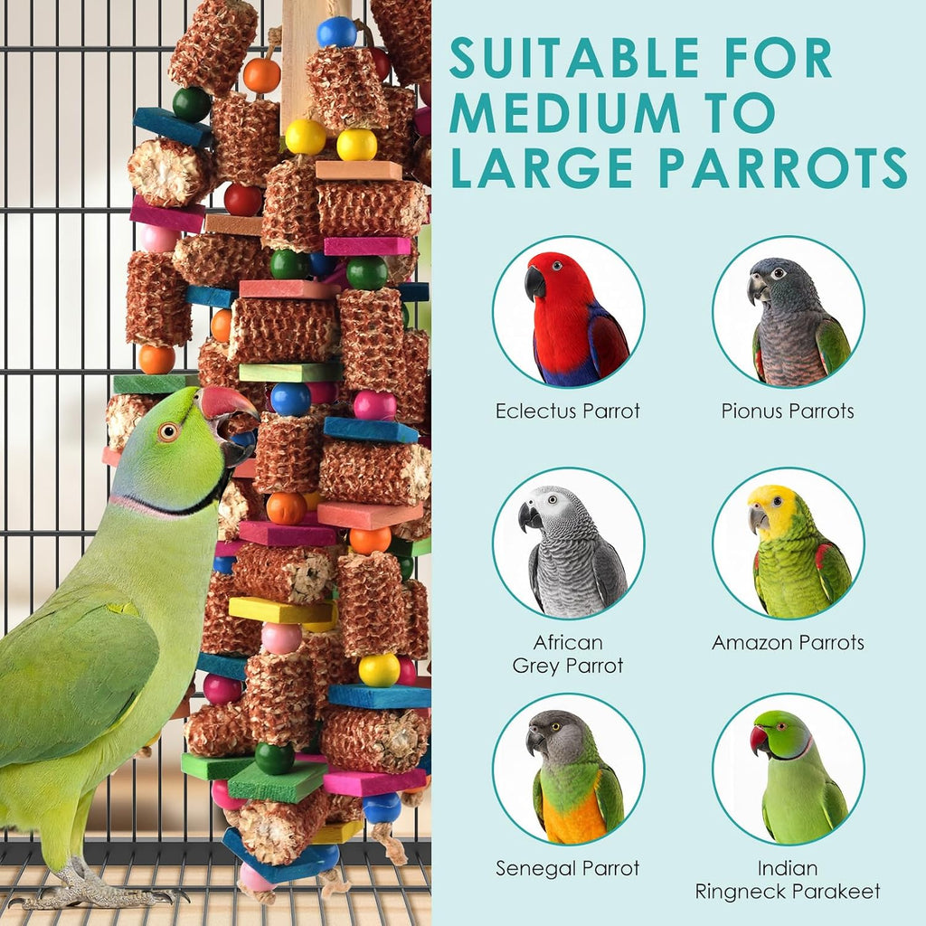 DBNESS Bird Toys for Parrots, 22in Large Parrot Chew Toys Natural Wood and Corn Cob Hanging Chewable Shredding Toy for Bird Cage, Foraging Toy for Macaws African Greys Cockatoos Amazons