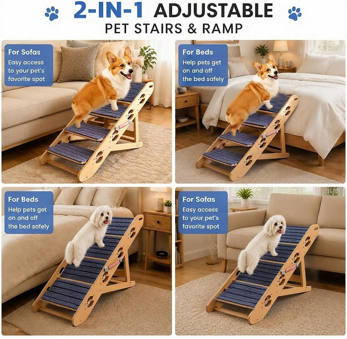 2-in-1 Convertible Dog Ramp & Stairs for Bed/Couch/Sofa, Foldable Pet Ramp Converts to Steps, Adjustable Height with Non-Slip Pad, Lightweight & Sturdy, Helps Senior & Small Dogs Climb Safely(4 Step)