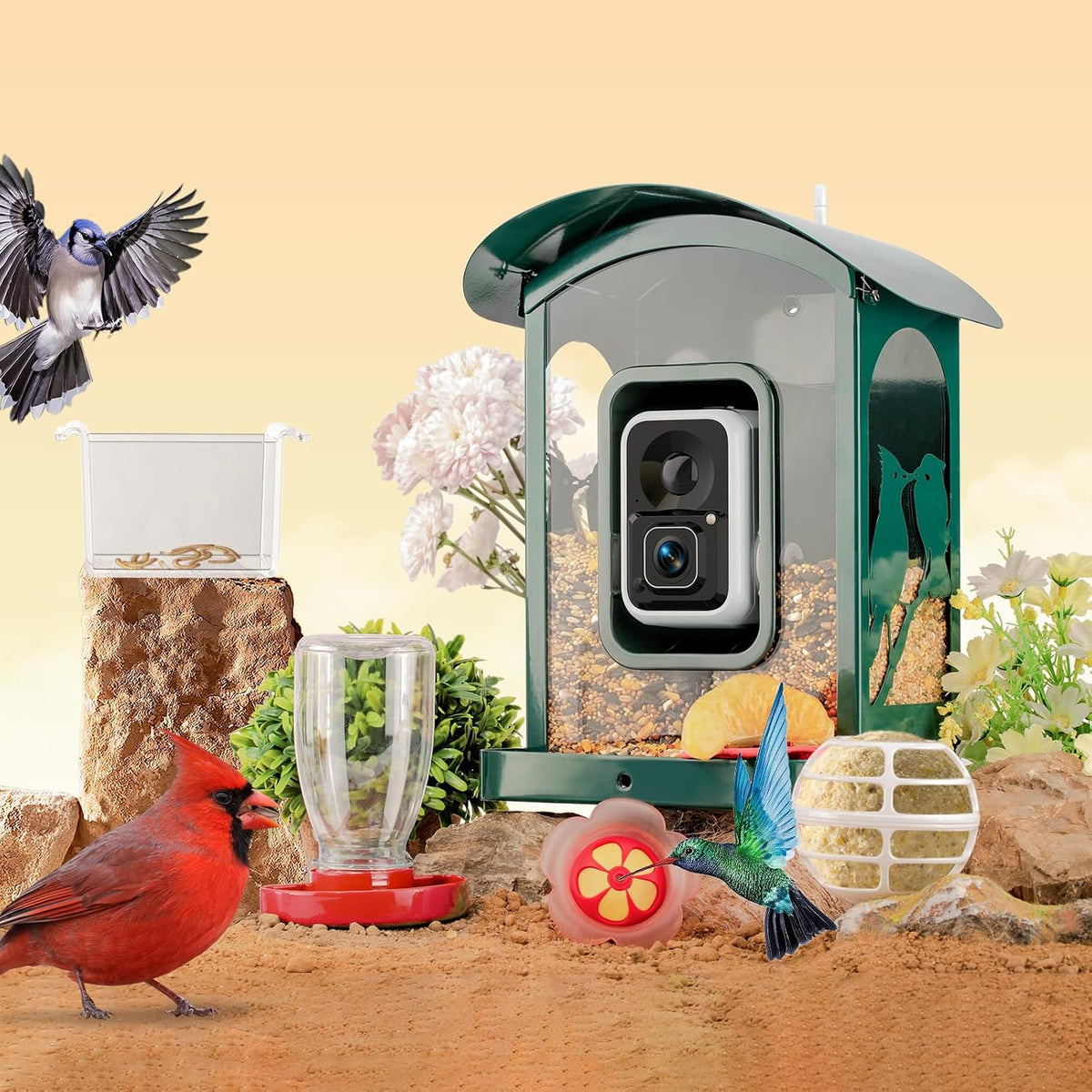 5-Piece Bird Feeder Set with Hummingbird Nectar Feeder, Fruit Fork, Water Bottle, Mealworm Container & Suet Ball Feeder - Squirrel-Proof Outdoor Feeding Accessories for Garden (Yard-Red)