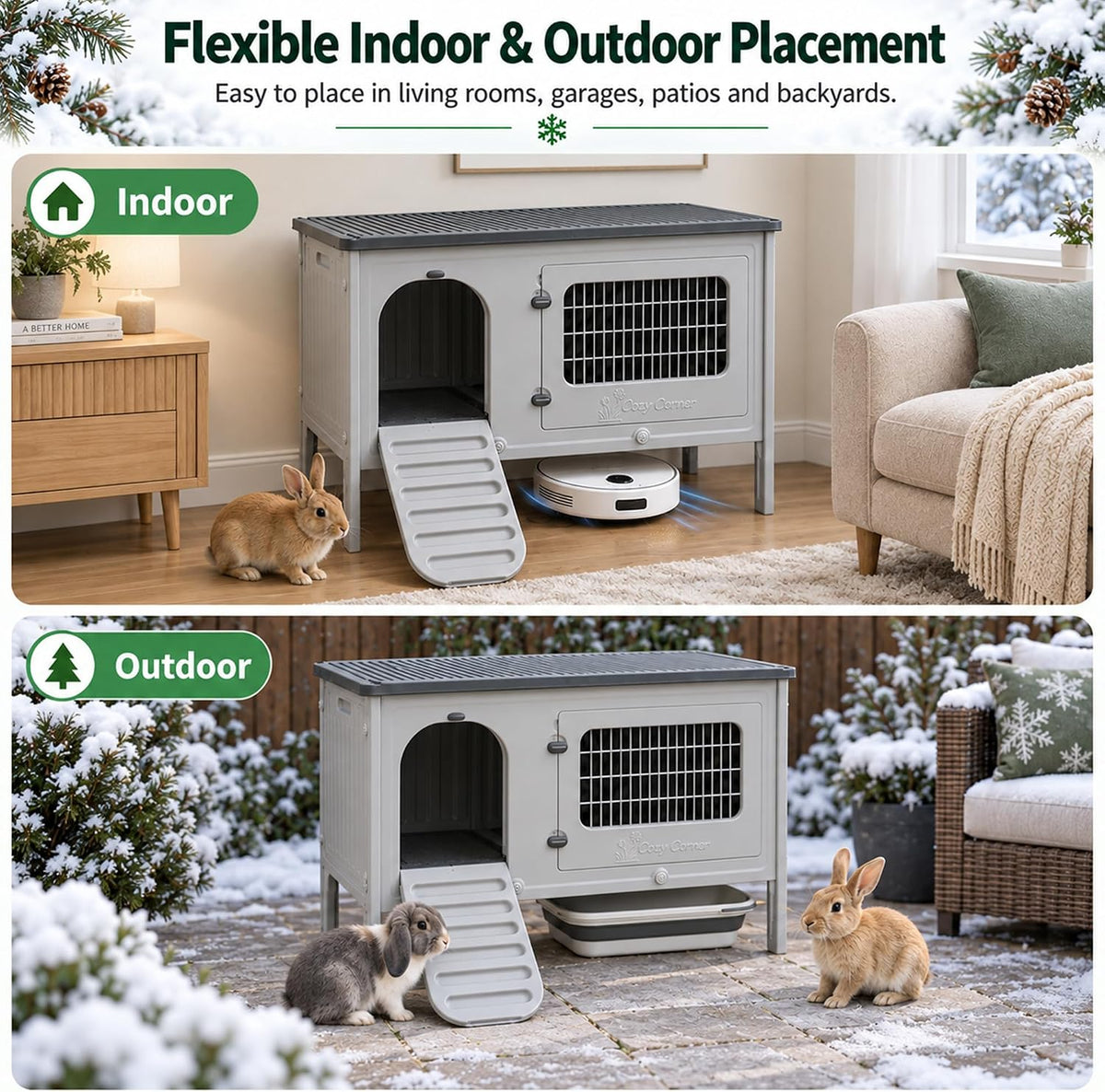 HiCaptain Rabbit Hutch Outdoor Indoor Easy-Clean HDPE Bunny Cage with Drain