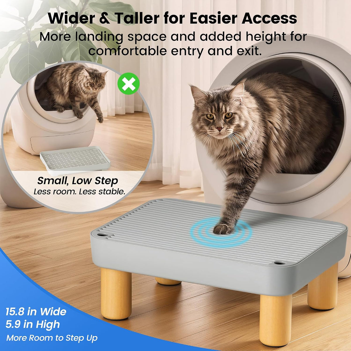 Large Litter Box Step for Big Cats, 15.8" x 11.8" x 5.9" Litter Box Ramp/Catcher with Wooden Base, Anti-Tracking Litter Catcher, Easy to Clean, for Large and Automatic Litter Boxes, Gray