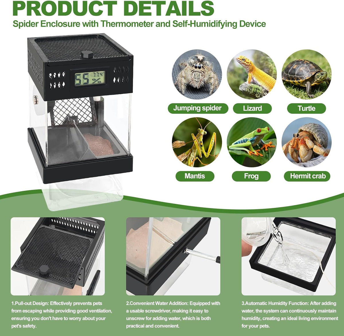 Pre-Assembled Jumping Spider Enclosure,Spider Enclosure with Thermometer and Self-Humidifying Device,Insect Terrarium with All-Side Ventilation, Praying Mantis Habitat,Includes a Hideout.