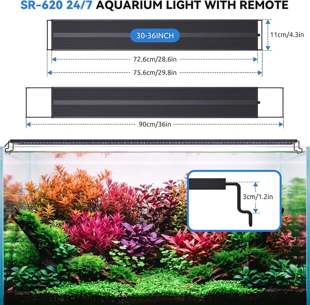 SEAOURA 24/7 LED Aquarium Light with 2.4G Wireless Remote, 30-36 Inch, Full Spectrum Fish Tank Light for Plant Growth, Auto On Off Timer, 20-Brightness, Power Off-Memory, Day/Night & DIY Mode