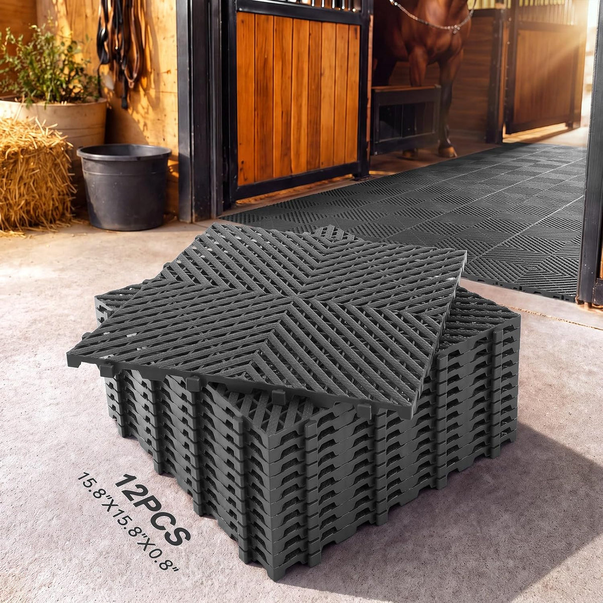 12 Pcs Horse Stall Mat 4 x 5.27 ft Plastic Stable Mat Interlocking