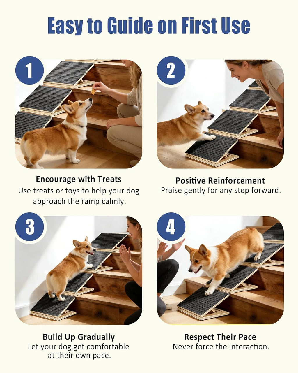 Dog Ramp for Stairs, 2 Pack Wooden Dog Stair Ramps for Small Dogs Only, Foldable Non-Slip Pet Ramp for Indoor Stairs, Adjustable Step Support for Senior, Short-Legged & Small Pets