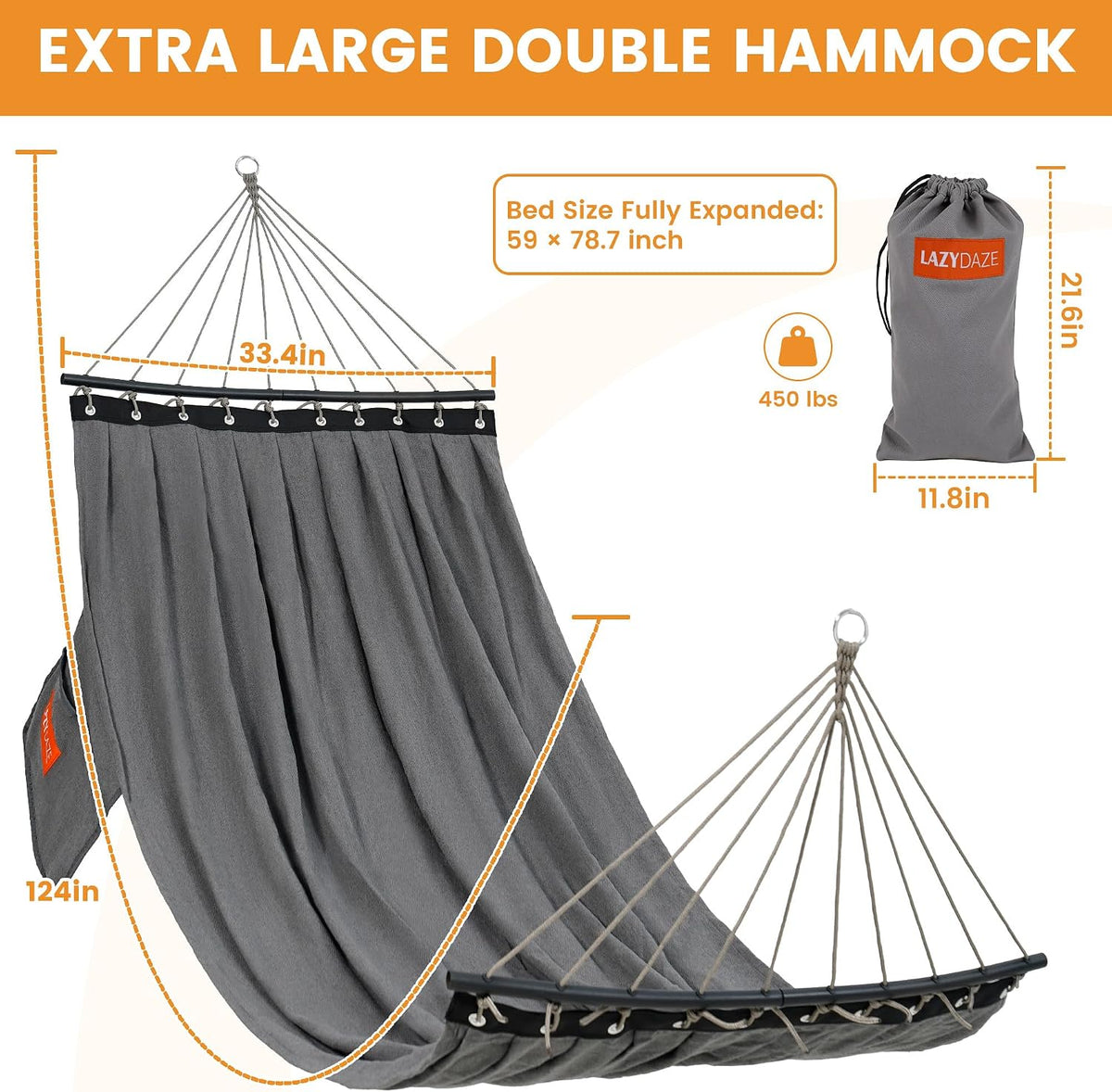 Lazy Daze Camping Hammock, Double Outdoor Hammock with Curved Spreader Bar