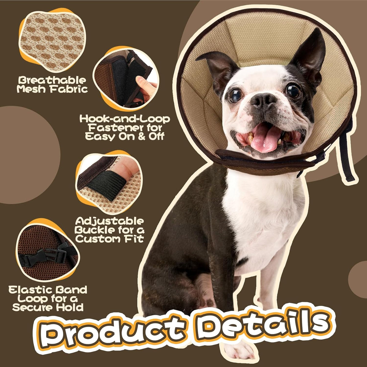 Allroaring Breathable Medium Dog Cone, Comfy Cone After Surgery Brown M