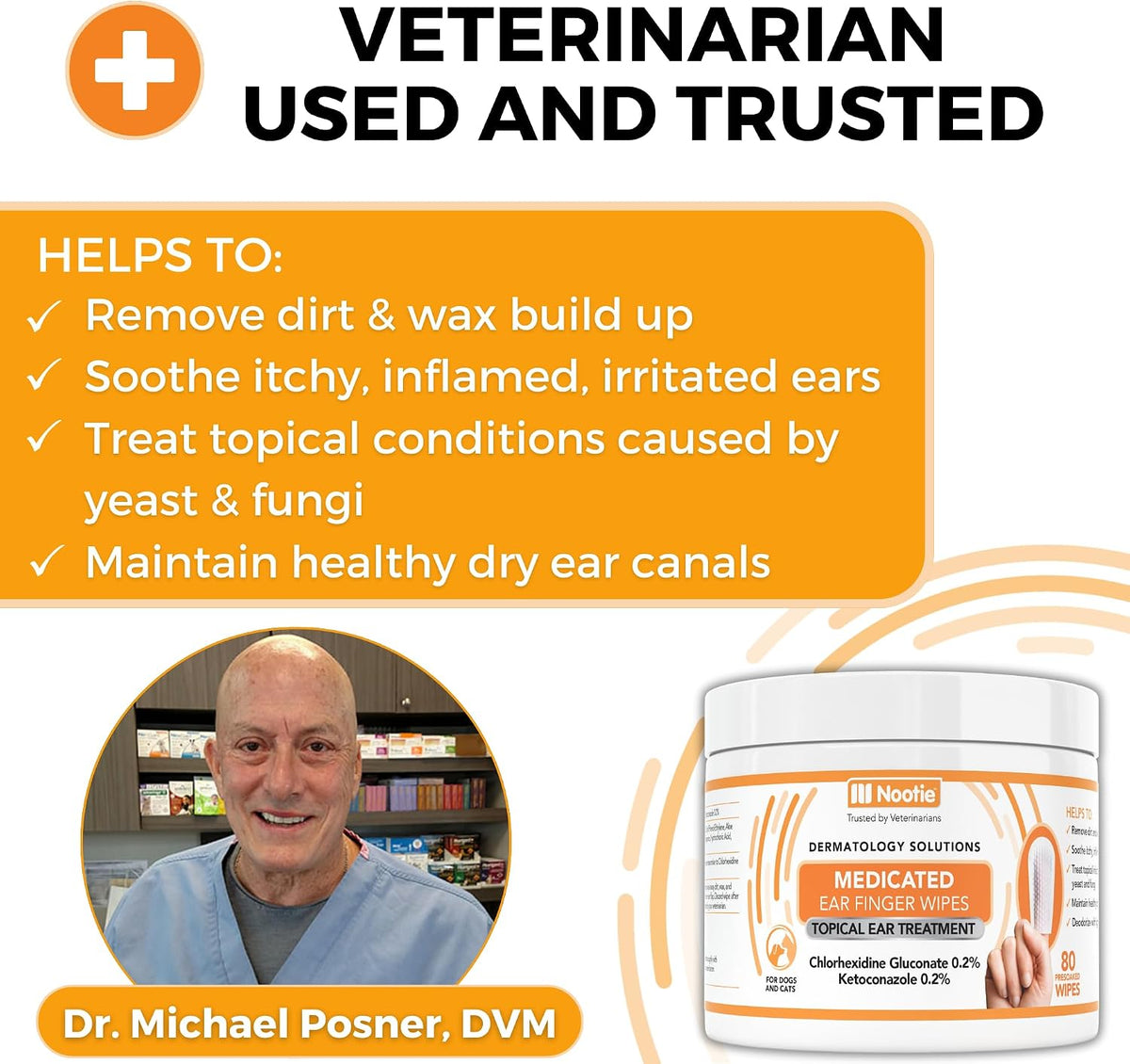 Nootie Medicated Ear Finger Wipes with Chlorhexidine for Dogs, Made in USA