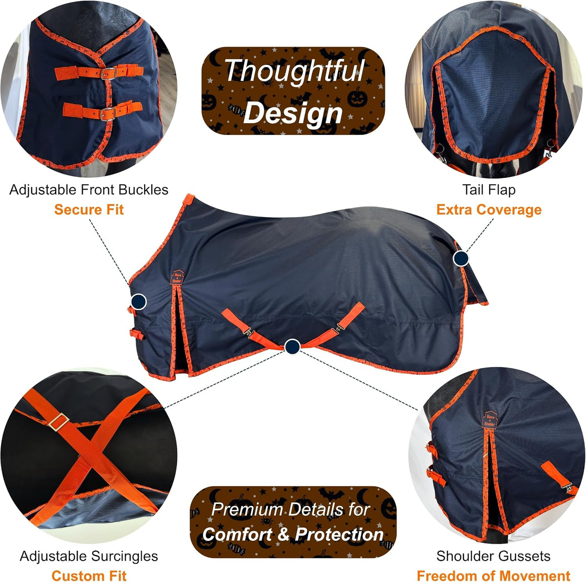 BARN & STABLE 600D Ripstop Lightweight Horse Turnout Sheet No Fill,Water-Resistant & Breathable Horse Blanket for Spring and Mild Weather, with Anti-Rub Fleece Withers (Halloween, 78 in)