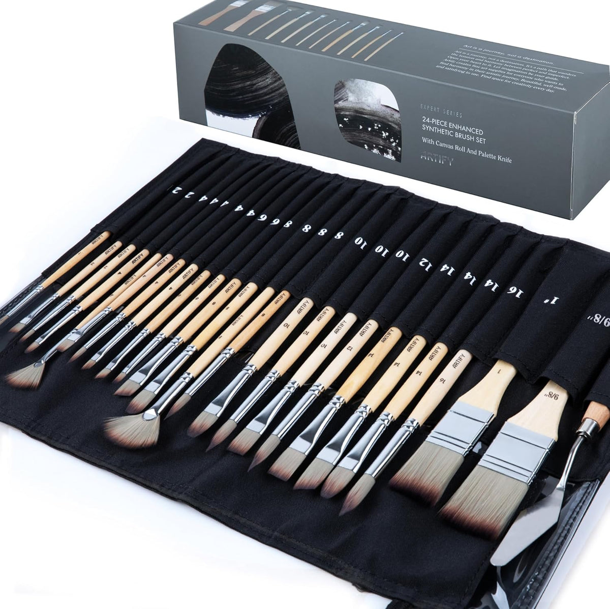 ARTIFY 30 Pieces Professional Paint Brush Set – Expert Series Synthetic Nylon Brushes for Acrylic, Oil, Watercolor, Gouache – No Shedding, Canvas Roll Case & Palette Knife, Artist Gifts Art Supplies