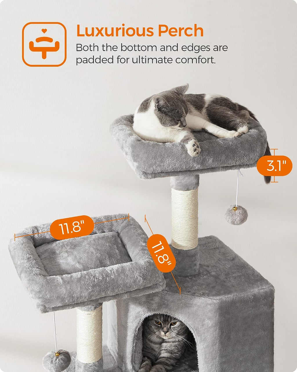 Feandrea Cat Tree, 45.3-Inch Cute Cat Tower, Climbing Condo, Light Gray