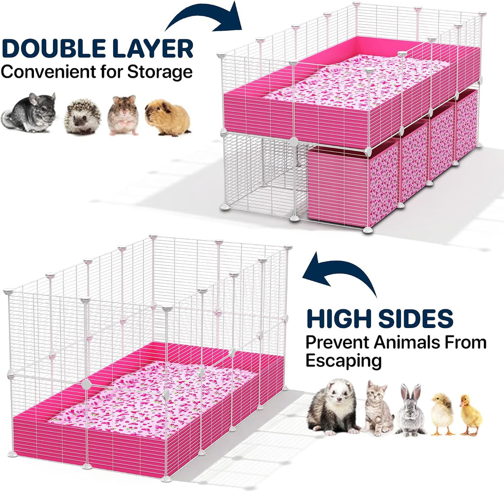 32 Panels 2x4 Pink C&C Cage for Guinea Pigs with Stand 56x28 in Space-Saving 5mm Waterproof coroplast Washable Fleece Liner and 4 Storage Boxes Small Animal Playpen Bunny Cage Hedgehog