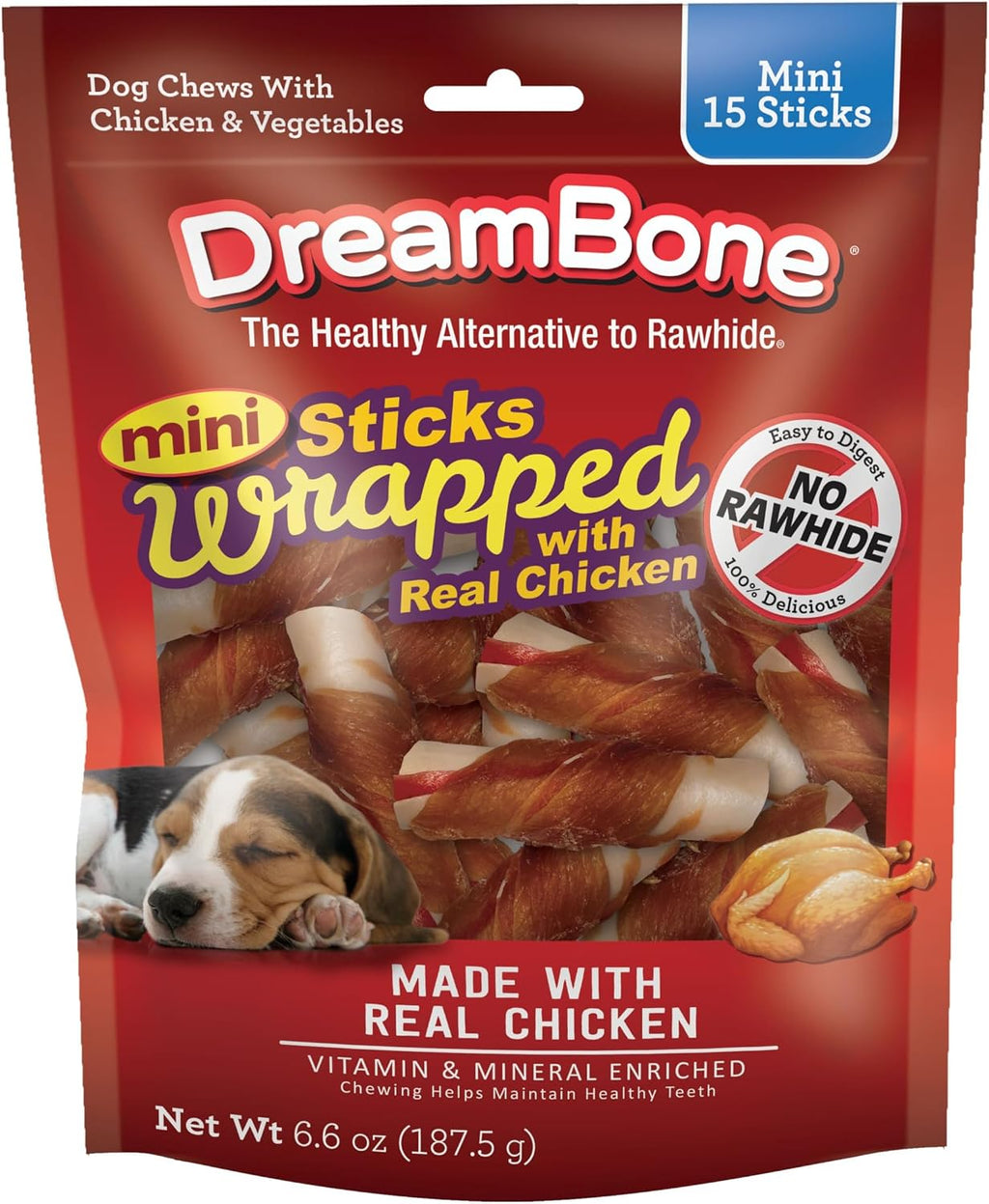 DreamBone Chicken Wrapped Mini Stick Rawhide-Free Dog Treats, 15 Count