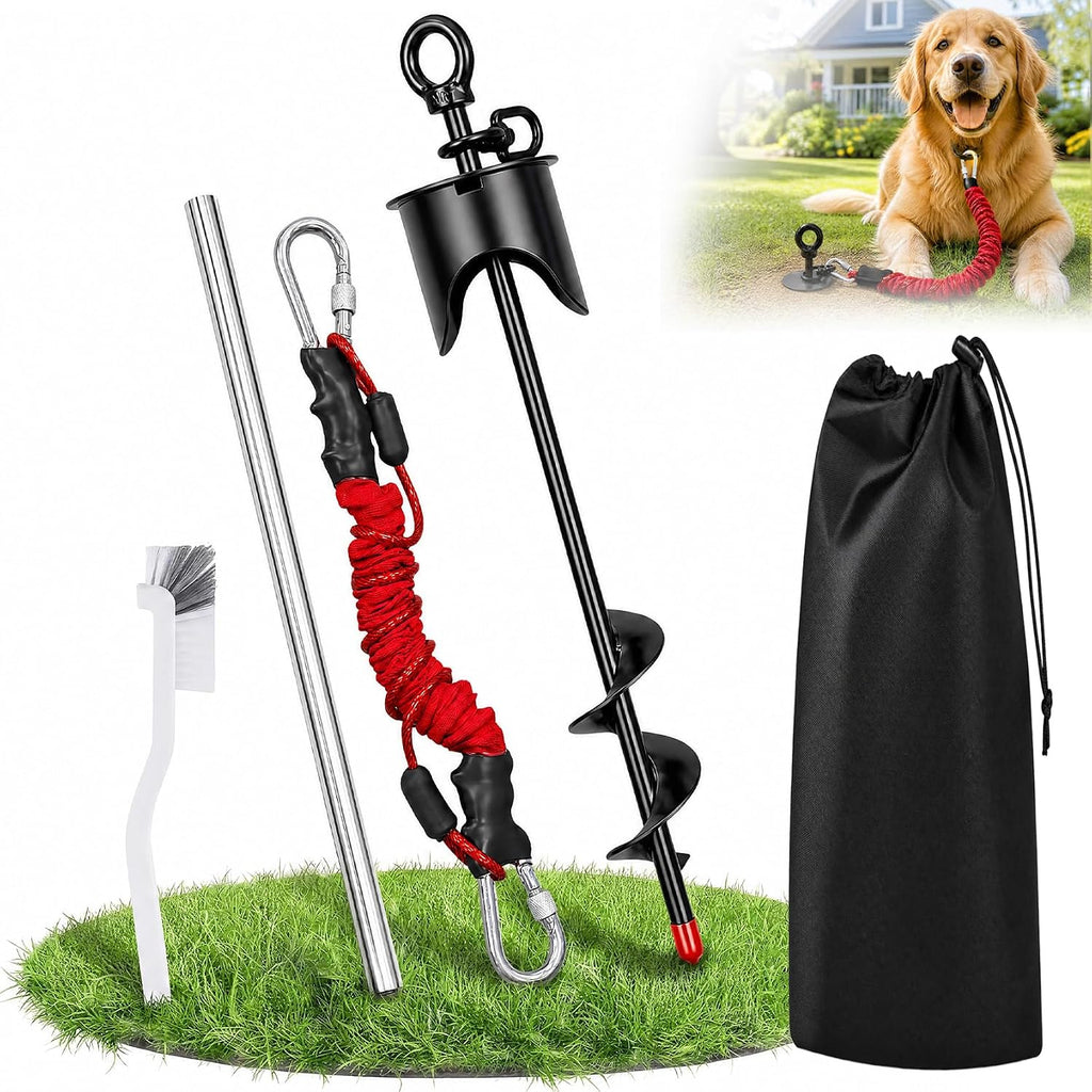 Dog Tie Out Stake with Lock-Cap Kit,Heavy Duty Dog Stakes for Outside/Yard/Camping with Shock Absorbing Bungee Tether,360°Swivel Rust Proof Ground Anchor for Dog Cable,Chain