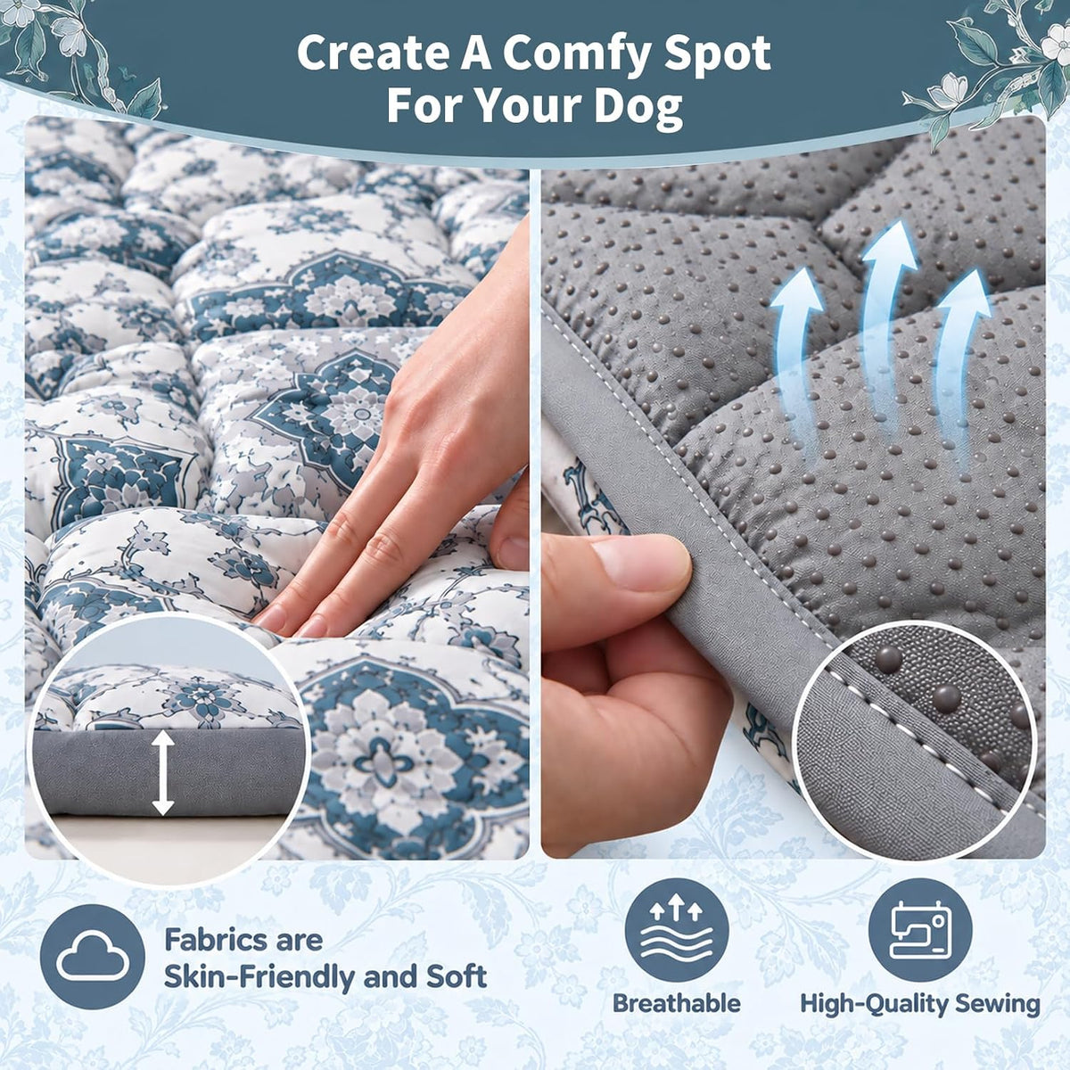 50" Washable Extra Large Quilted Dog Crate Mat, Soft Cushioned Dog Bed Mat