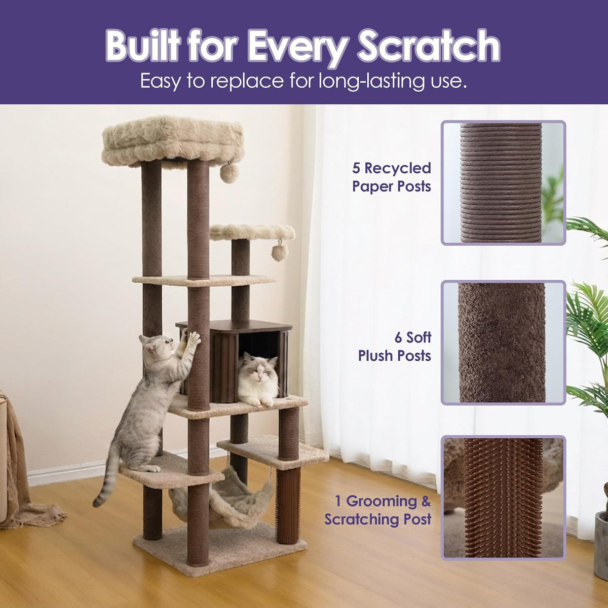 Catry 7-Level Cat Tree for Indoor Cats, Multi-Level Cat Tower with Replaceable Paper Rope Scratching Posts, Elevated Perch Bed, Cozy Condo Hideaway, Hammock, Plush Shag Fur Padding & 2 Hanging Toys