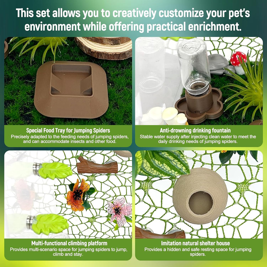 Jumping Spider Enclosure Accessories,with Enclosure Decor Kit,Hide Habitat,Platform,Food Bowl,Water Dispenser for Jumping Spider Habitat (Forest)