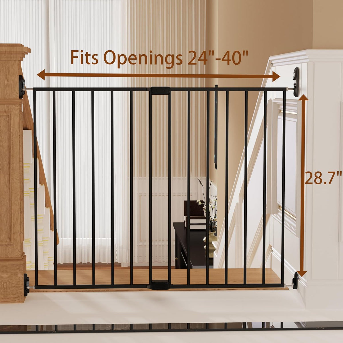 Adjustable Baby Safety Swing Gate, Hardware-Mounted Metal Gate for Stairs and Doorways, Secure Latch for Kids and Pets (Black, 24"-40.5" W x 28.75" H)
