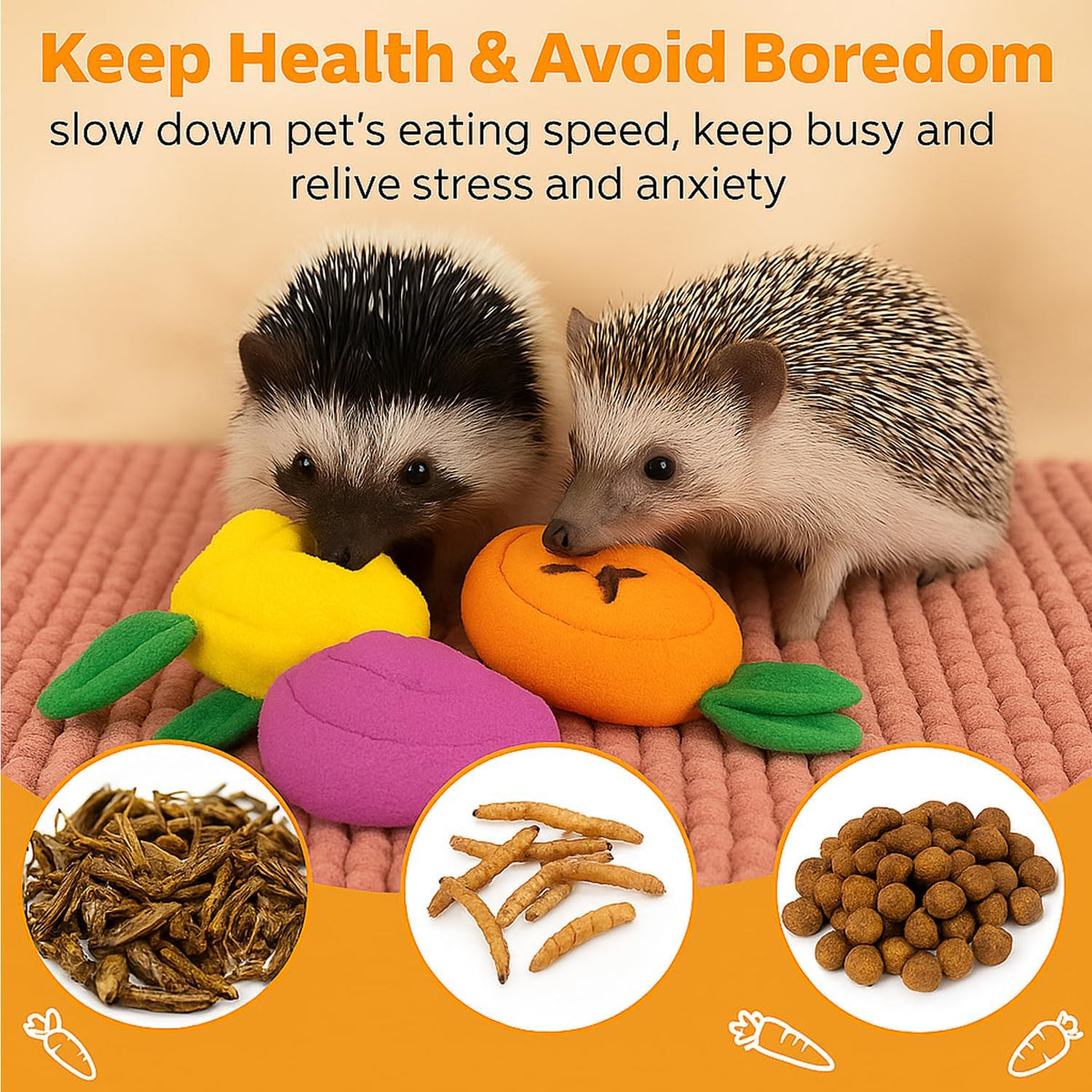 5Pcs Hedgehog Foraging Toy – Snuffle Mat, Snuffle Ball & Carrot Treat Toys for Hedgehog Cage Enrichment, Interactive Feeding Toys for Hedgehog, Rabbit & Guinea Pig, Small Pet Foraging Toys