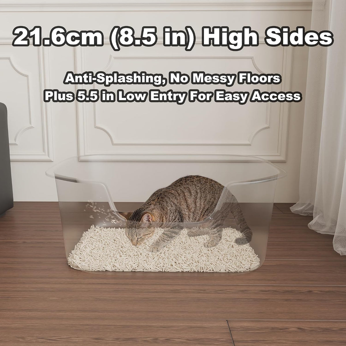 Large Open Cat Litter Box with High Sides, Anti-Splashing for Indoor Cats, Low Entry for Kittens & Elderly Cats, Spacious Litter Pan, Tool-Free Assembly(21.7” * 16.5” * 8.5” Grey)