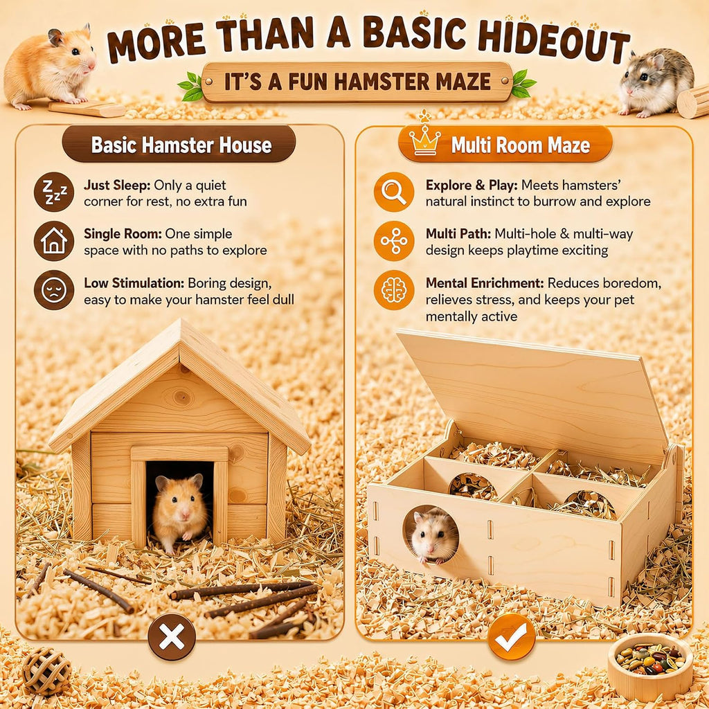 Novabright 5 Pcs Hamster Platform Set Including Wooden Hideout Tunnel Toy Multi Chamber Secret Climbing Ladder Bridge Wooden House Cage Accessories for Small Animal Gerbils Dwarf Syrian
