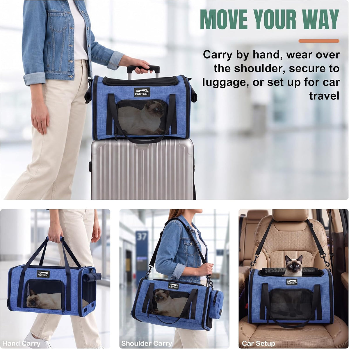 Soft-Sided Cat Carrier with Foldable Litter Box for Air Travel, Blue