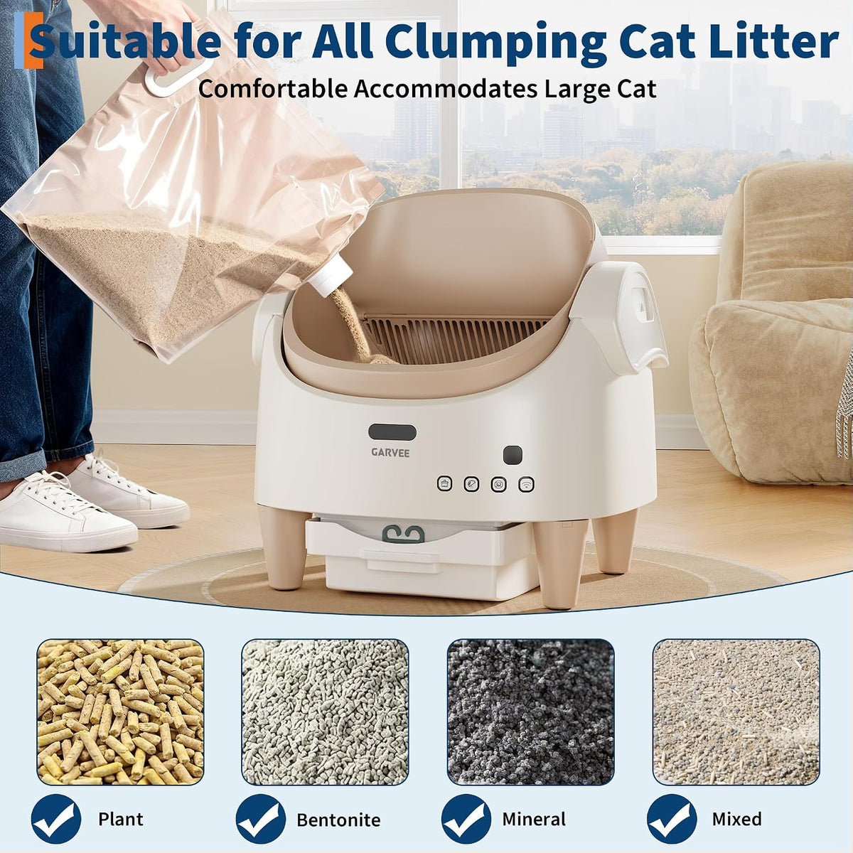 Garvee Self Cleaning Cat Litter Box, Open-Top Automatic Cat Litter Box with APP Control Upgraded Safety Protection, 360° Safety Sensors, Advanced Odor Leak Control, Includes 1 Roll Waste Bag