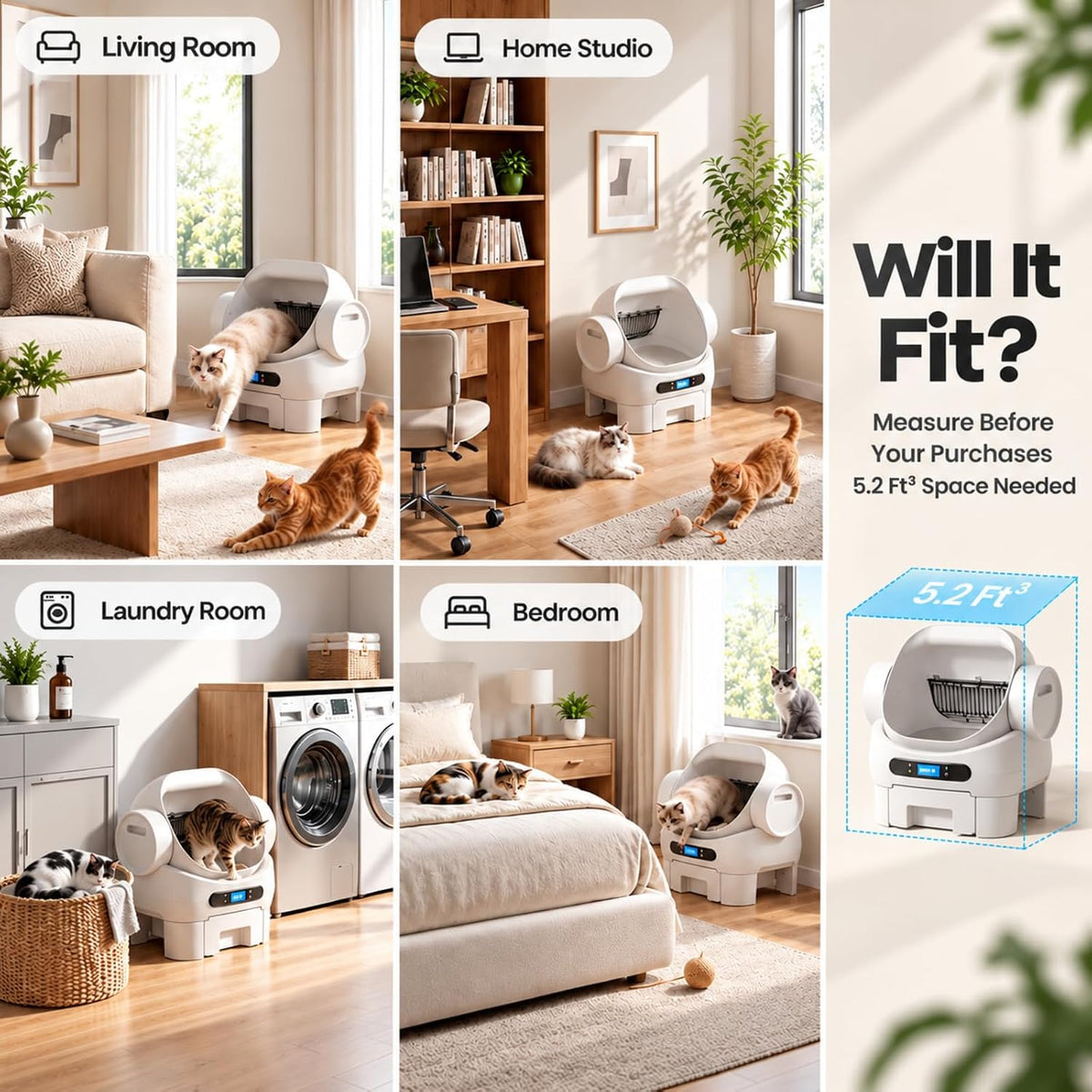Open-Top Automatic Cat Litter Box, Self Cleaning Litter Box for Multiple Cats, 10 Safety Sensors, Large Capacity with APP Control, Noise&Odor Control Robot, LED Display, Hands-Free, White