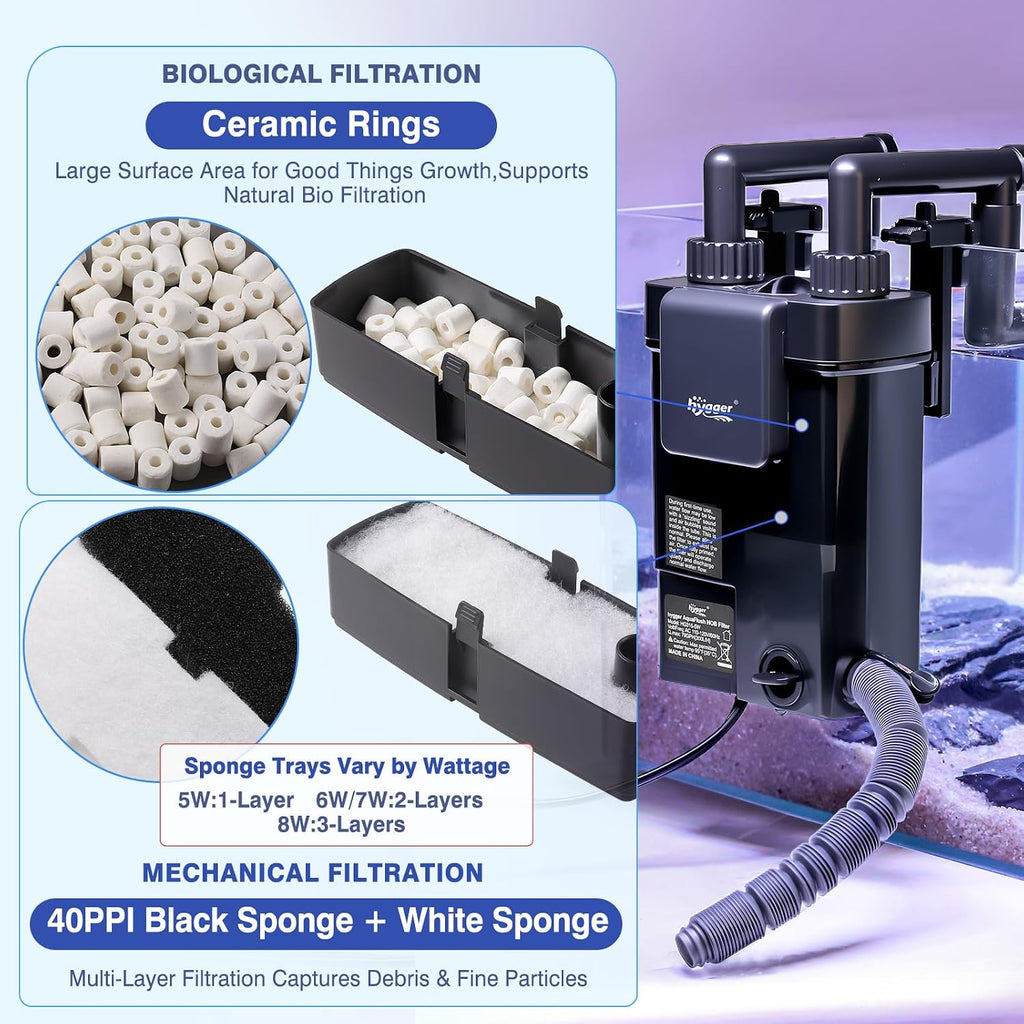 hygger Hang-On-Back Aquarium Filter with Debris Collection Chamber,Ultra Quiet Multi-Stage Filtration System Fish Tank Filter, Surface Skimmer, Adjustable Flow,Duckbill Nozzle & Rainfall Spray Bar