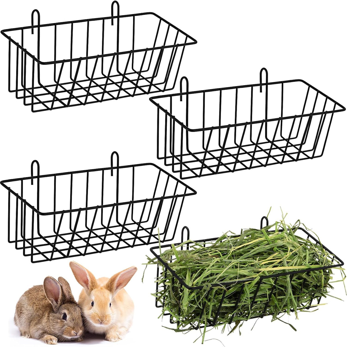 Therwen 4 Pcs Rabbit Hay Feeder Guinea Pig Heavy Duty Metal Frame Hay Rack with Hooks Cage Hanging Holder for Bunny Chinchilla Small Animals Accessories(12.4 x 3.9 x 3 Inches)