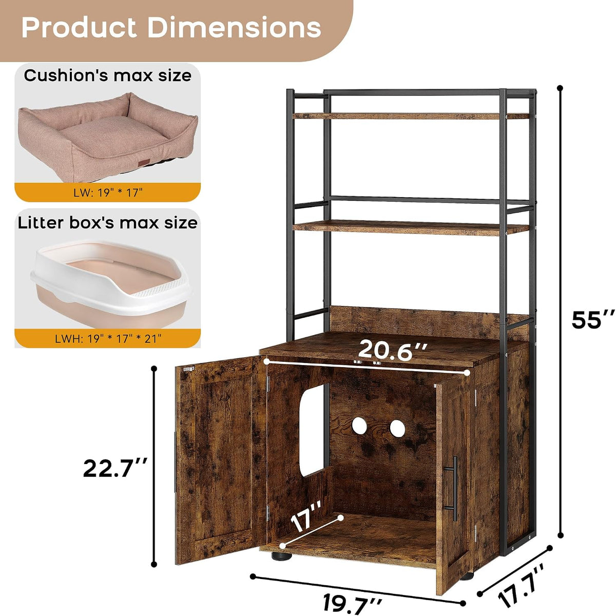 Cat Litter Box Enclosure with 2-Tier Storage Shelves and Doors, Hidden Cat Washroom Furniture with 2 Doors and Ventilation Holes, Indoor Large Cats House Cabinet Bookshelf for Most Litter Box - Brown