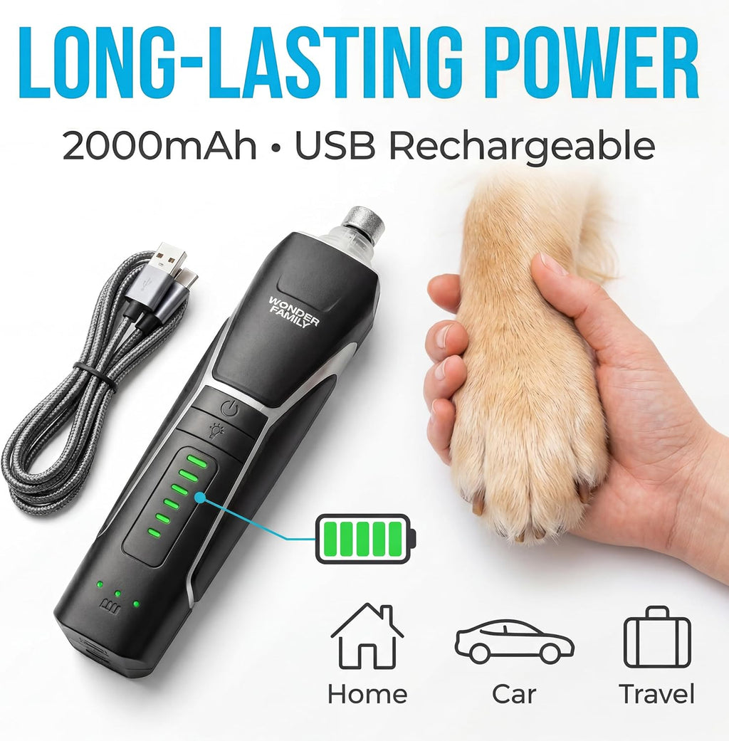 Quiet Dog Nail Grinder with LED Light, 6-Speed Pet Nail Trimmer
